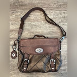 Fossil Metallic Bronze Brown Leather Satchel Crossbody Shoulder Bag Flap Top